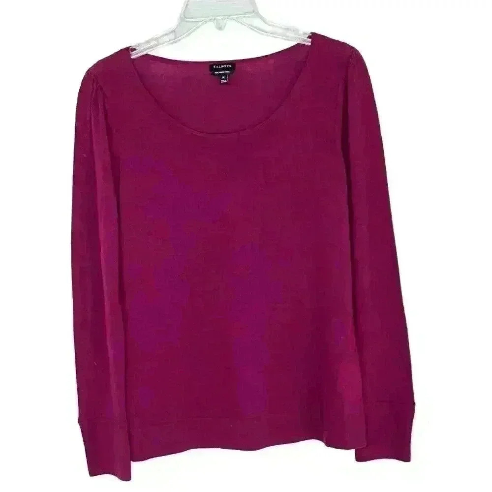 Talbots Sweater Pure Merino Wool Scoop Neck sz M Purple Puff Sleeve